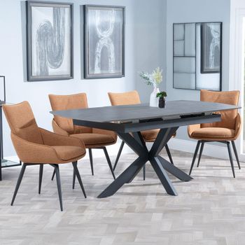 Bari Grey Ceramic 6-8 Seater 140cm-180cm Extending Dining Set with Ace Swivel Orange Fabric Chairs
