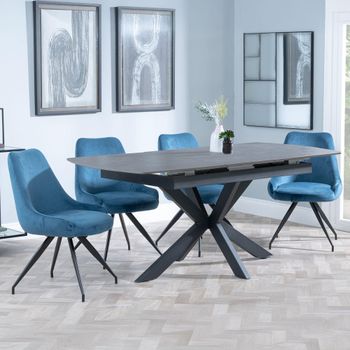 Bari Grey Ceramic 6-8 Seater 140cm-180cm Extending Dining Set with Arctic Swivel Blue Velvet Chairs