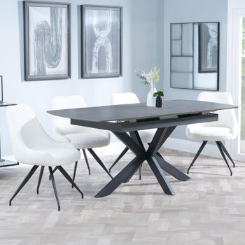 Bari Grey Ceramic 6-8 Seater 140cm-180cm Extending Dining Set with Arctic Swivel Cream Velvet Chairs