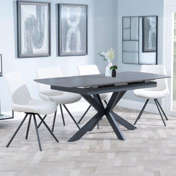 Bari Grey Ceramic 6-8 Seater 140cm-180cm Extending Dining Set with Boden Swivel Cream Chairs