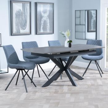 Bari Grey Ceramic 6-8 Seater 140cm-180cm Extending Dining Set with Boden Swivel Dark Grey Chairs