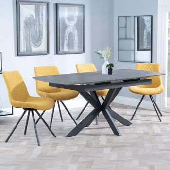 Bari Grey Ceramic 6-8 Seater 140cm-180cm Extending Dining Set with Boden Swivel Yellow Chairs