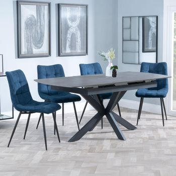 Bari Grey Ceramic 6-8 Seater 140cm-180cm Extending Dining Set with Corona Blue Fabric Dining Chair