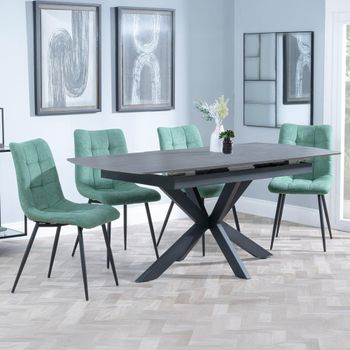 Bari Grey Ceramic 6-8 Seater 140cm-180cm Extending Dining Set with Corona Green Fabric Dining Chair