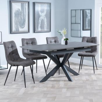 Bari Grey Ceramic 6-8 Seater 140cm-180cm Extending Dining Set with Corona Grey Fabric Dining Chair