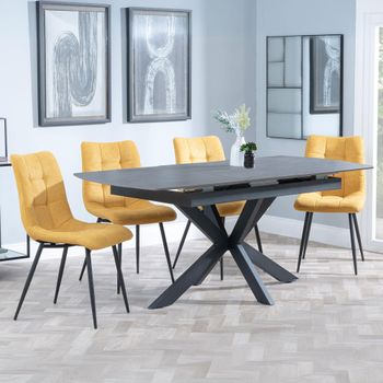 Bari Grey Ceramic 6-8 Seater 140cm-180cm Extending Dining Set with Corona Yellow Fabric Dining Chair