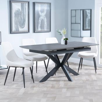 Bari Grey Ceramic 6-8 Seater 140cm-180cm Extending Dining Set with Darwin Cream Fabric Dining Chair