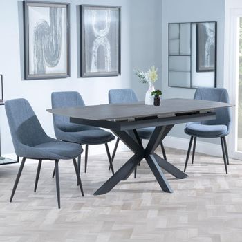Bari Grey Ceramic 6-8 Seater 140cm-180cm Extending Dining Set with Darwin Dark Grey Fabric Chairs