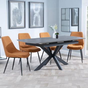 Bari Grey Ceramic 6-8 Seater 140cm-180cm Extending Dining Set with Darwin Orange Fabric Dining Chair