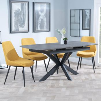 Bari Grey Ceramic 6-8 Seater 140cm-180cm Extending Dining Set with Darwin Yellow Fabric Dining Chair