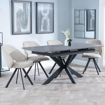 Bari Grey Ceramic 6-8 Seater 140-180cm Extending Dining Set with Ion Swivel Beige Velvet Chairs