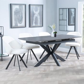 Bari Grey Ceramic 6-8 Seater 140cm-180cm Extending Dining Set with Ion Swivel Cream Boucle Chairs