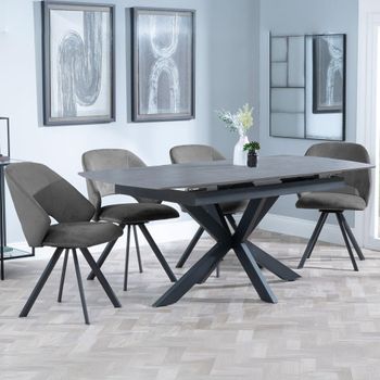 Bari Grey Ceramic 6-8 Seater 140-180cm Extending Dining Set with Ion Swivel Dark Grey Velvet Chairs