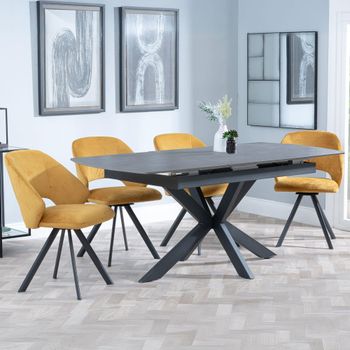 Bari Grey Ceramic 6-8 Seater 140-180cm Extending Dining Set with Ion Swivel Mustard Velvet Chairs