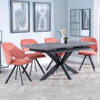 Bari Grey Ceramic 6-8 Seater 140-180cm Extending Dining Set with Ion Swivel Orange Velvet Chairs