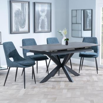 Bari Grey Ceramic 6-8 Seater 140cm-180cm Extending Dining Set with Peyton Blue Fabric Dining Chair