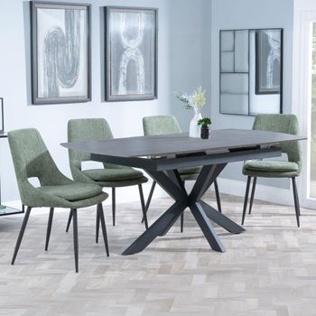 Bari Grey Ceramic 6-8 Seater 140cm-180cm Extending Dining Set with Peyton Green Fabric Dining Chair