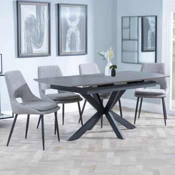 Bari Grey Ceramic 6-8 Seater 140cm-180cm Extending Dining Set with Peyton Grey Fabric Dining Chair