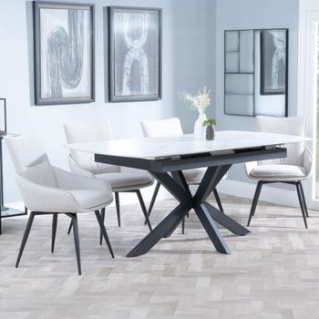 Bari White Ceramic 6-8 Seater 140cm-180cm Extending Dining Set with Ace Swivel Beige Fabric Chairs