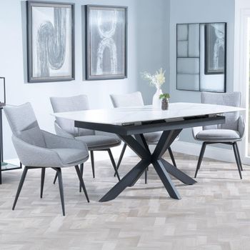 Bari White Ceramic 6-8 Seater 140cm-180cm Extending Dining Set with Ace Swivel Grey Fabric Chairs