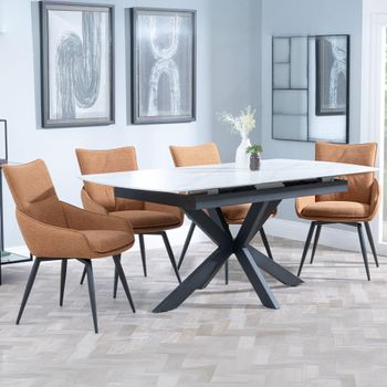 Bari White Ceramic 6-8 Seater 140cm-180cm Extending Dining Set with Ace Swivel Orange Fabric Chairs