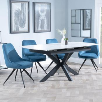Bari White Ceramic 6-8 Seater 140-180cm Extending Dining Set with Arctic Swivel Blue Velvet Chairs