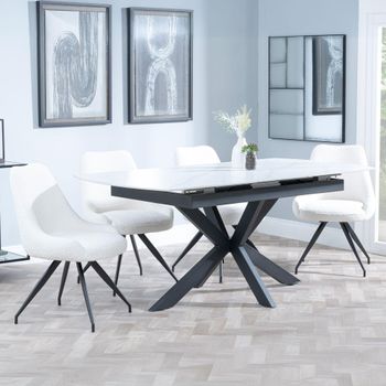 Bari White Ceramic 6-8 Seater 140-180cm Extending Dining Set with Arctic Swivel Cream Velvet Chairs
