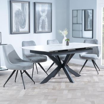 Bari White Ceramic 6-8 Seater 140-180cm Extending Dining Set with Arctic Swivel Grey Velvet Chairs