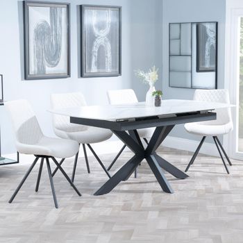 Bari White Ceramic 6-8 Seater 140cm-180cm Extending Dining Set with Boden Swivel Cream Chairs