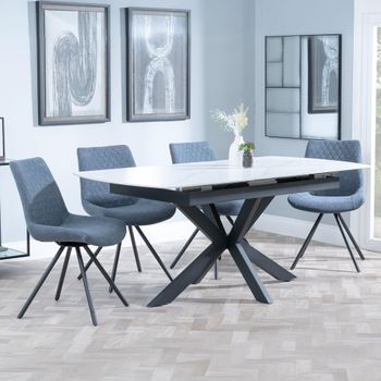 Bari White Ceramic 6-8 Seater 140cm-180cm Extending Dining Set with Boden Swivel Dark Grey Chairs