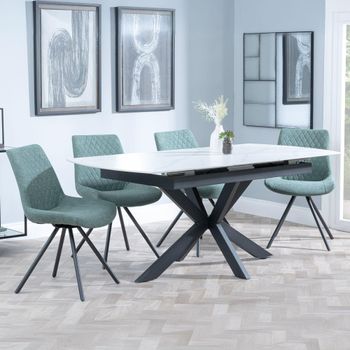 Bari White Ceramic 6-8 Seater 140cm-180cm Extending Dining Set with Boden Swivel Green Chairs