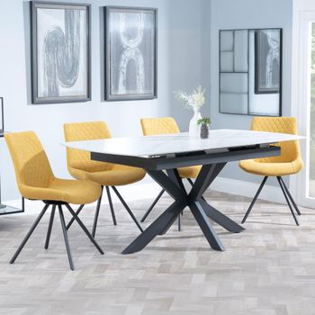 Bari White Ceramic 6-8 Seater 140cm-180cm Extending Dining Set with Boden Swivel Yellow Chairs