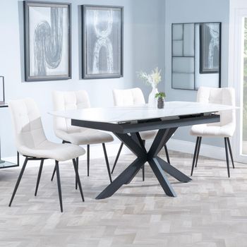 Bari White Ceramic 6-8 Seater 140cm-180cm Extending Dining Set with Corona Beige Fabric Dining Chair