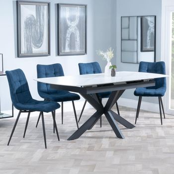 Bari White Ceramic 6-8 Seater 140cm-180cm Extending Dining Set with Corona Blue Fabric Dining Chair