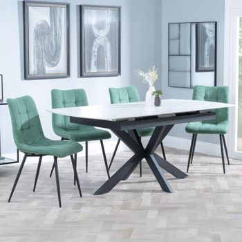 Bari White Ceramic 6-8 Seater 140cm-180cm Extending Dining Set with Corona Green Fabric Dining Chair