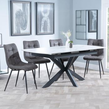 Bari White Ceramic 6-8 Seater 140cm-180cm Extending Dining Set with Corona Grey Fabric Dining Chair