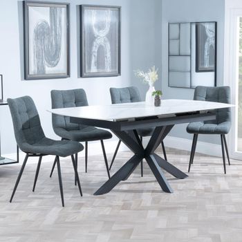 Bari White Ceramic 6-8 Seater 140cm-180cm Extending Dining Set with Corona Light Grey Fabric Chairs