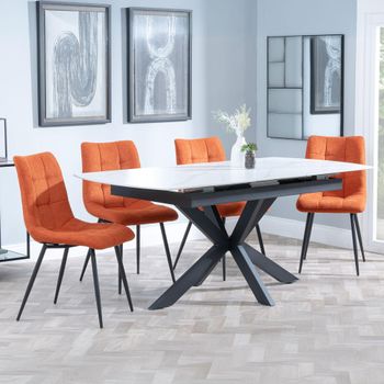 Bari White Ceramic 6-8 Seater 140cm-180cm Extending Dining Set with Corona Orange Fabric Chairs