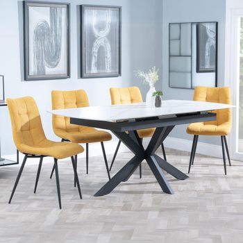 Bari White Ceramic 6-8 Seater 140cm-180cm Extending Dining Set with Corona Yellow Fabric Chairs