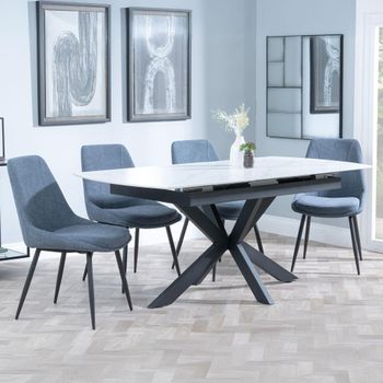 Bari White Ceramic 6-8 Seater 140cm-180cm Extending Dining Set with Darwin Dark Grey Fabric Chairs