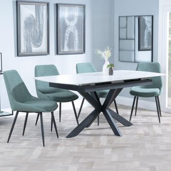 Bari White Ceramic 6-8 Seater 140cm-180cm Extending Dining Set with Darwin Green Fabric Dining Chair