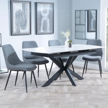 Bari White Ceramic 6-8 Seater 140cm-180cm Extending Dining Set with Darwin Grey Fabric Dining Chair