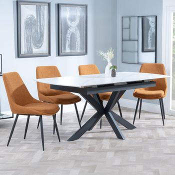 Bari White Ceramic 6-8 Seater 140cm-180cm Extending Dining Set with Darwin Orange Fabric Chairs