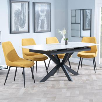 Bari White Ceramic 6-8 Seater 140cm-180cm Extending Dining Set with Darwin Yellow Fabric Chairs