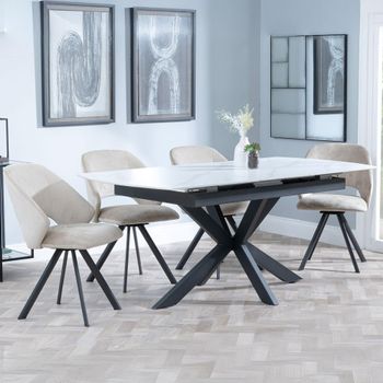Bari White Ceramic 6-8 Seater 140-180cm Extending Dining Set with Ion Swivel Beige Velvet Chairs