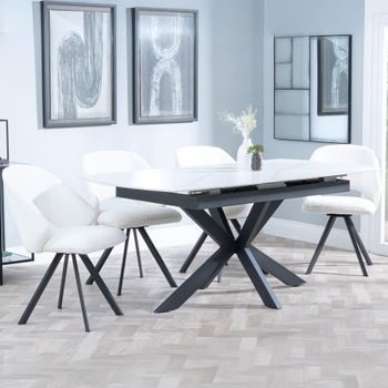 Bari White Ceramic 6-8 Seater 140cm-180cm Extending Dining Set with Ion Swivel Cream Boucle Chairs