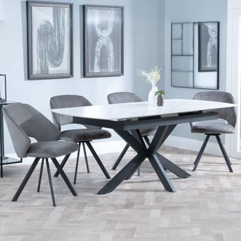 Bari White Ceramic 6-8 Seater 140-180cm Extending Dining Set with Ion Swivel Dark Grey Velvet Chairs