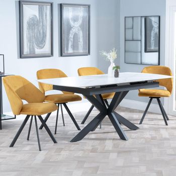 Bari White Ceramic 6-8 Seater 140-180cm Extending Dining Set with Ion Swivel Mustard Velvet Chairs