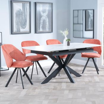 Bari White Ceramic 6-8 Seater 140-180cm Extending Dining Set with Ion Swivel Orange Velvet Chairs
