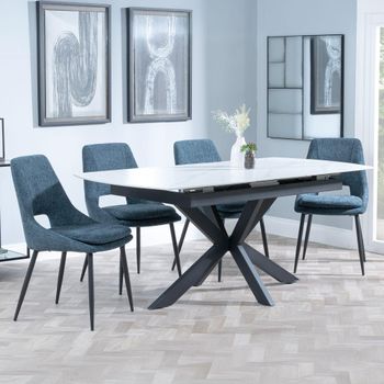 Bari White Ceramic 6-8 Seater 140cm-180cm Extending Dining Set with Peyton Blue Fabric Dining Chair